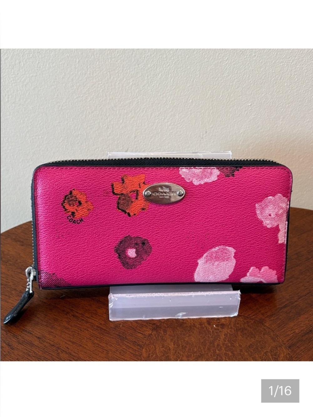 Coach long wallet  Zip-Around Wallet hot pink floral/white black orange coated c